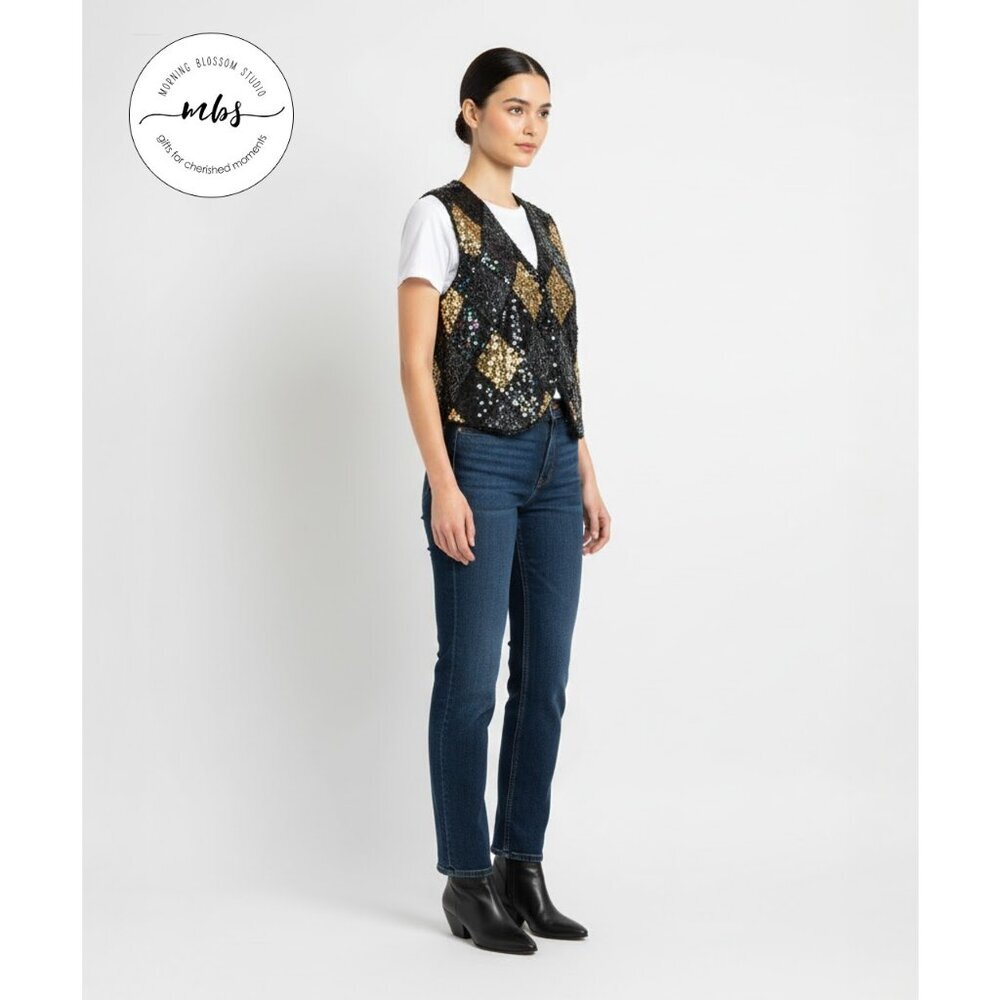 Spell Bound Vintage Beaded Sequins Boho Silk Vest Black Gold Women‎ M